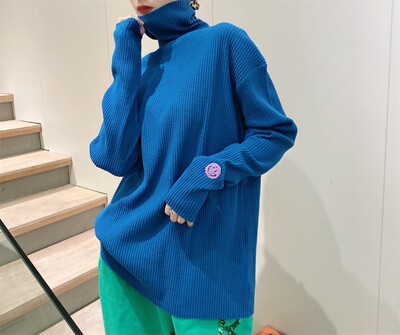 JL SUNFLOWER高领打底衫女秋冬大码宽松显瘦笑脸针织上衣长袖t恤