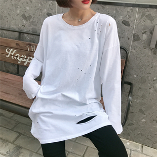 sunflower韩版宽松卫衣女2019秋季长袖ins圆领套头纯色破洞打底衫