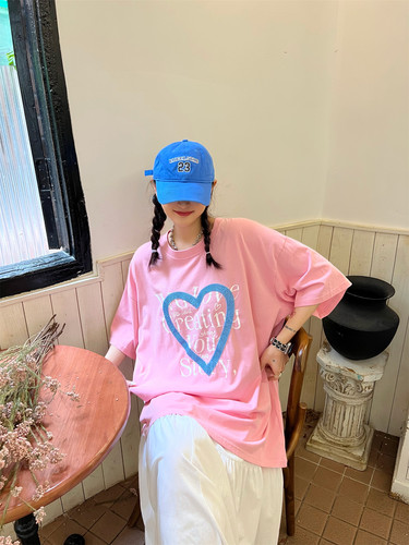 纯棉爱心短袖t恤女夏季宽松上衣