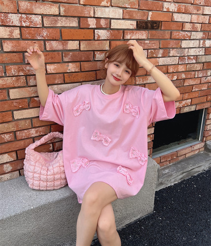 夏季宽松蕾丝蝴蝶结短袖t恤女ins