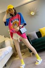 超火cec短袖T恤女夏2019新款宽松韩版拼接字母印花ins时尚潮上衣