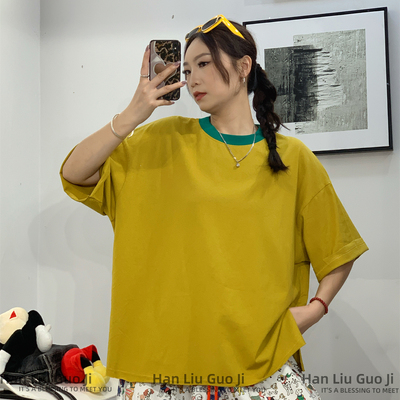 夏季撞色领宽松纯棉显瘦T恤女