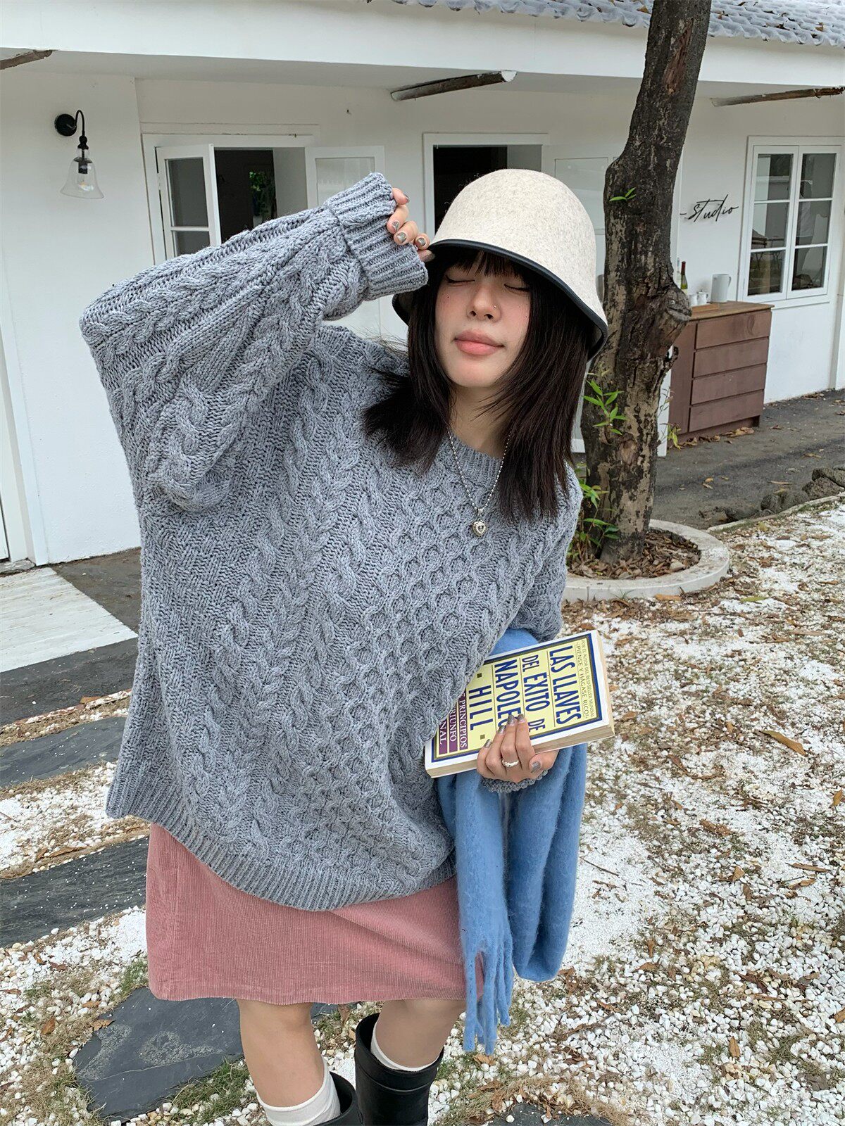 欧货宽松中长款加厚麻花毛衣外套女冬季大码慵懒风复古针织衫外套