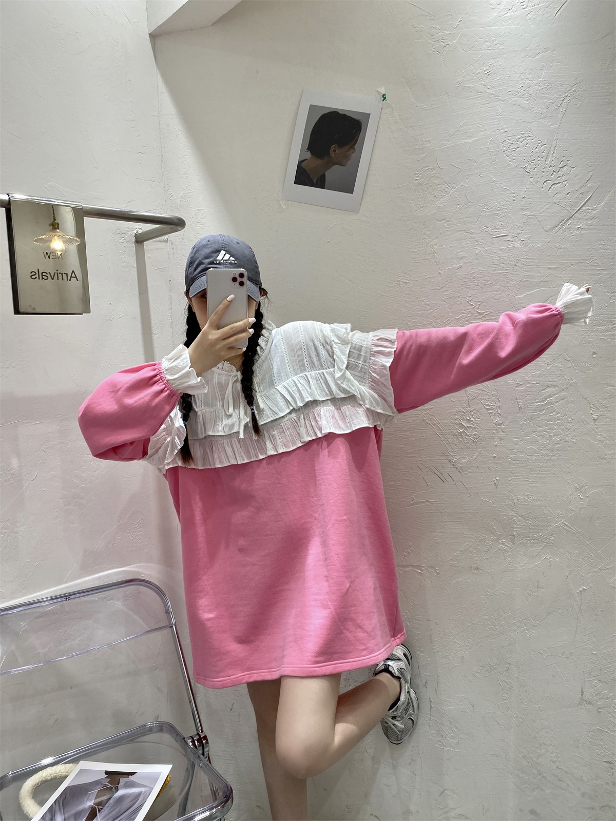 大码宽松卫衣女蕾丝喇叭袖上衣秋