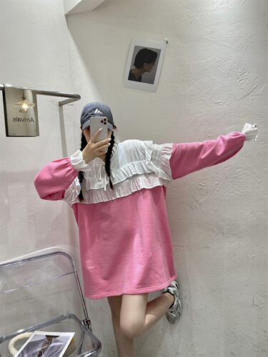 大码宽松卫衣女蕾丝喇叭袖上衣秋