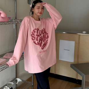 JL SUNFLOWER宽松打底衫女秋冬内搭刺绣爱心长袖t恤大码显瘦上衣