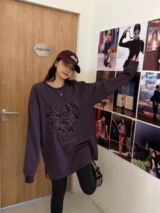 JL SUNFLOWER宽松打底衫女秋冬内搭刺绣爱心长袖t恤大码显瘦上衣