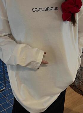 JL SUNFLOWER秋季大码圆领内搭纯棉白色字母长袖t恤女ins上衣