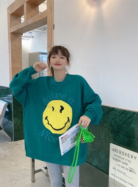 JL SUNFLOWER大码女装冬款外套欧货圆领宽松休闲刺绣笑脸字母卫衣