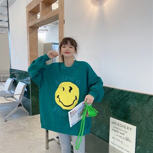 JL SUNFLOWER大码女装冬款外套欧货圆领宽松休闲刺绣笑脸字母卫衣