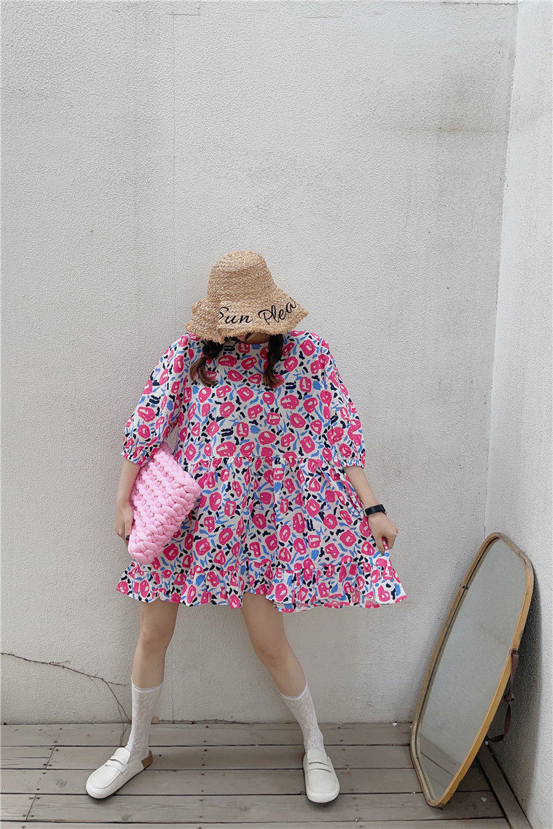 韩版宽松休闲减龄娃娃裙子女夏季短袖中长款小碎花甜美显瘦连衣裙