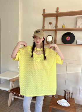 JL SUNFLOWER大码短袖t恤女夏季宽松显瘦黑色蕾丝法式高级感上衣