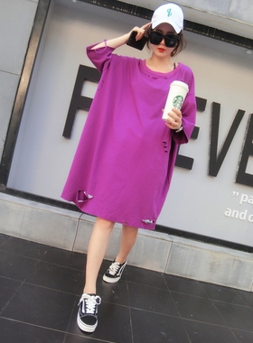 sunflower韩国东大门夏装中长款破洞纯棉短袖t恤女宽松大码体恤潮