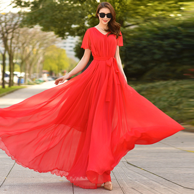 旅游拍照红色沙漠长裙大摆雪纺