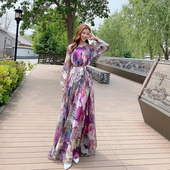 及踝大摆拖地宽松大码 豹纹气质度假风长袖 连衣裙女春夏新款 长裙