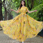 及踝沙漠长裙女夏季 波西米亚沙滩裙大摆海边度假超长雪纺连衣裙仙