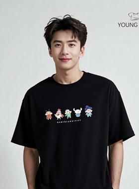 宽松美式潮牌蜡笔小新公仔印花重磅纯棉休闲百搭短袖男女t恤上衣