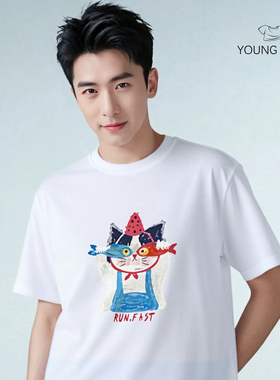 包邮爆款美式潮牌趣味猫咪印花休闲百搭落肩短袖男女t恤情侣上衣