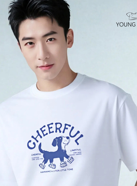 包邮宽松美式潮牌小狗卡通印花休闲百搭落肩短袖男女t恤情侣上衣