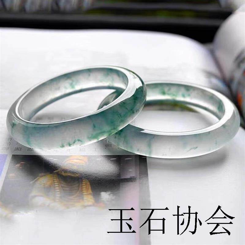 缅甸高端翡翠手镯冰种高冰飘花玉手镯女飘绿正圈圆条贵妃手镯送礼