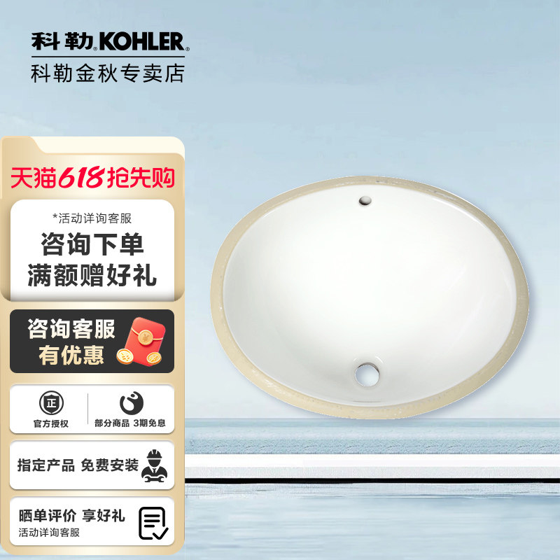 科勒台下盆卡斯登椭圆形面盆防污陶瓷面盆洗脸盆带溢水口2211T-0