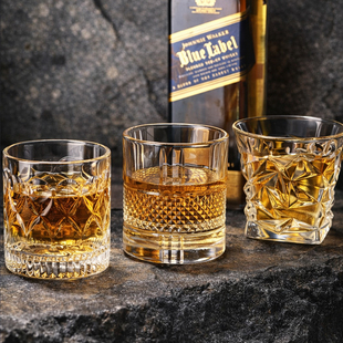 酒吧灵魂买五送一无铅玻璃威士忌杯古典条纹杯烈酒杯圆冰球专用杯
