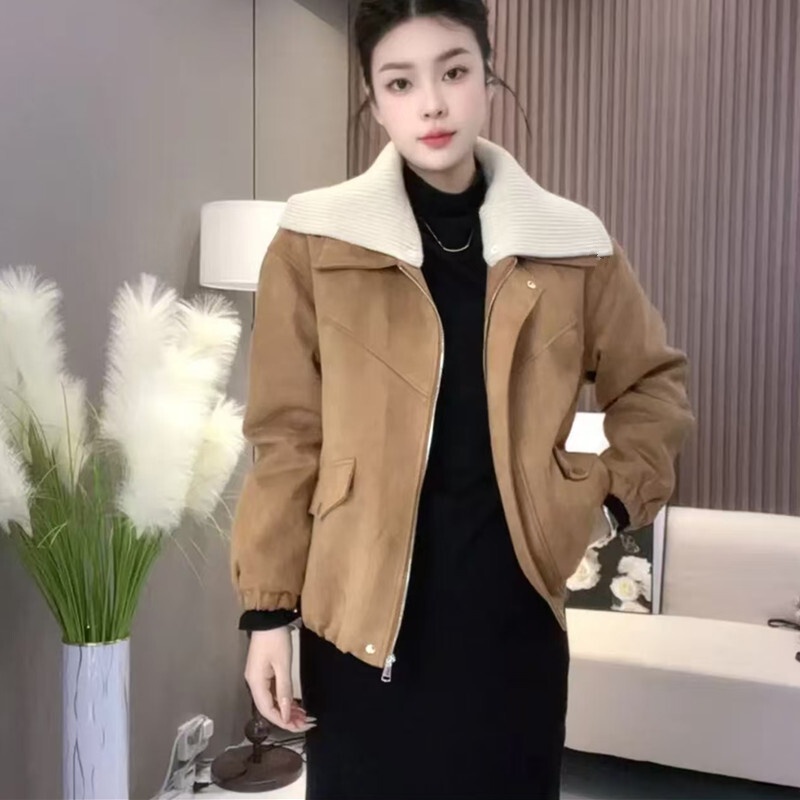 针织领拼接加绒加厚麂皮绒外套女2025秋冬款韩系简约时尚气质夹克