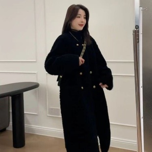 皮毛一体双排扣羊羔毛外套女2024秋冬慵懒风加厚中长款摇粒绒棉服