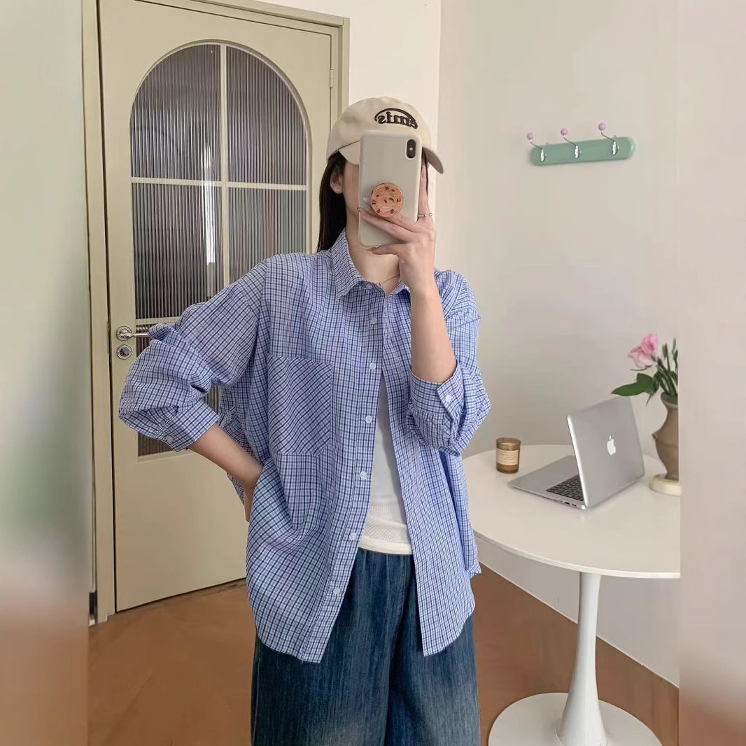 2025春款衬衫女宽松休闲韩版学院风格子条纹衬衣亲肤衬衫显瘦上衣