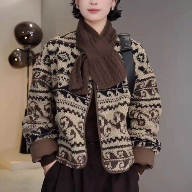 高端韩版宽松休闲印花开衫女2025秋冬棉衣设计感撞色圆领短款百搭