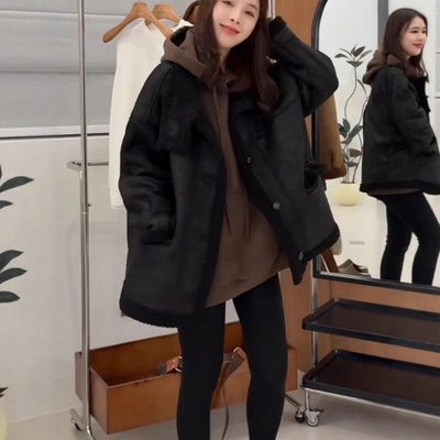 复古风羊羔毛立领外套女2025新款加厚保暖皮毛一体小个子中长外套