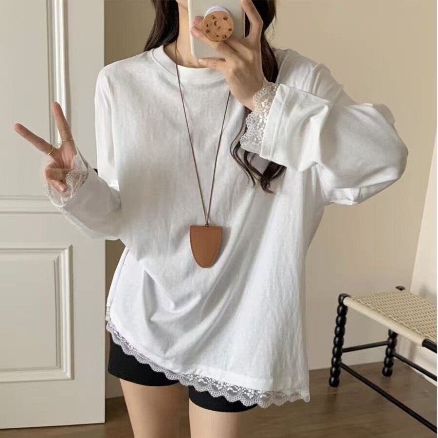 纯色圆领长袖T恤女2025春季新款宽松中长款蕾丝拼接气质打底衫上