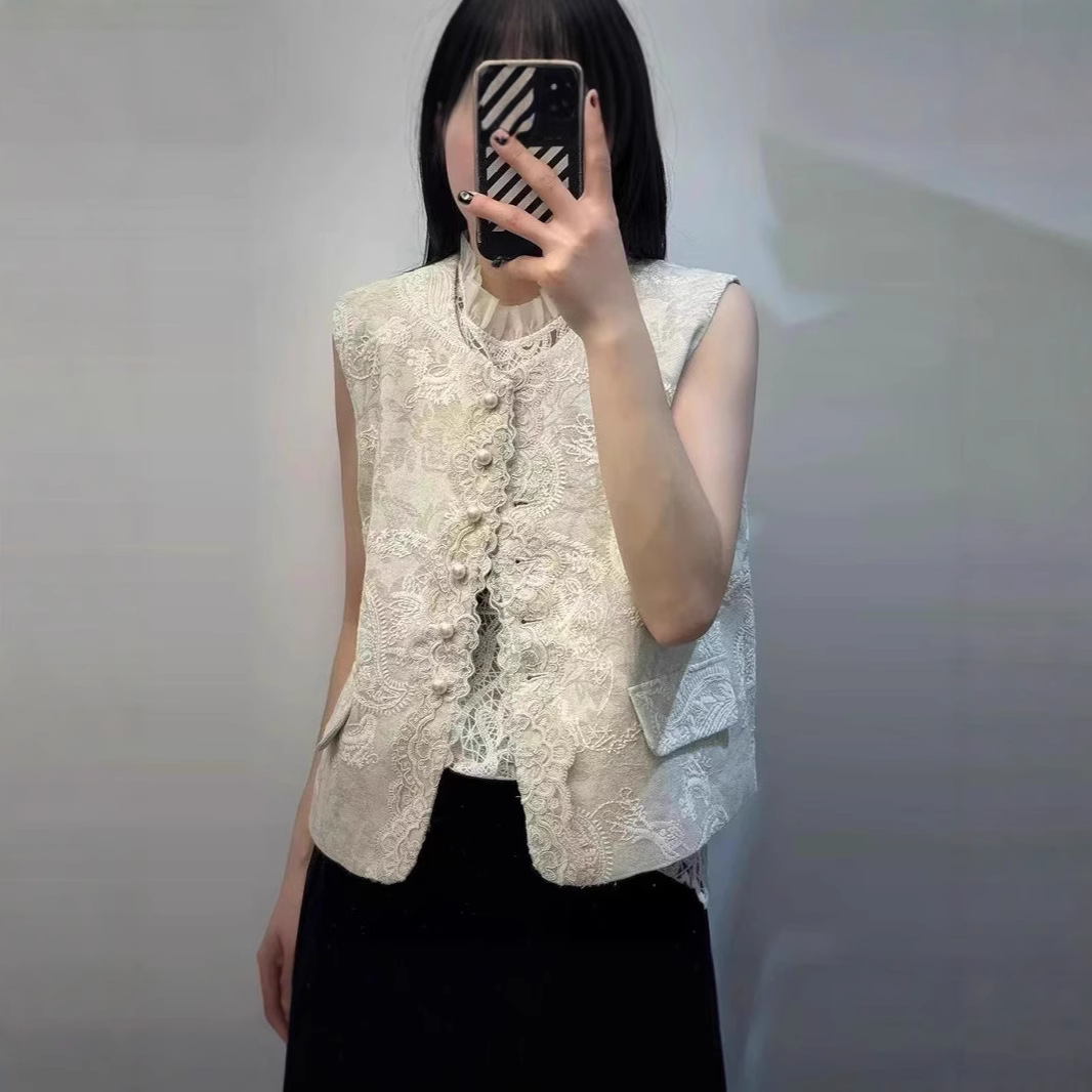 2025秋季新款女装欧洲站时尚圆领单排扣国风刺绣马甲女上衣