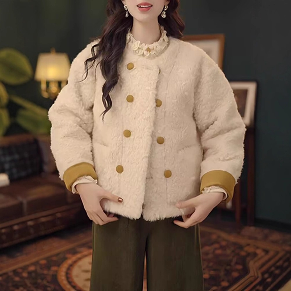 厂家直销小香风气质减龄防羊羔毛短外套25冬新小个子加厚毛毛棉服