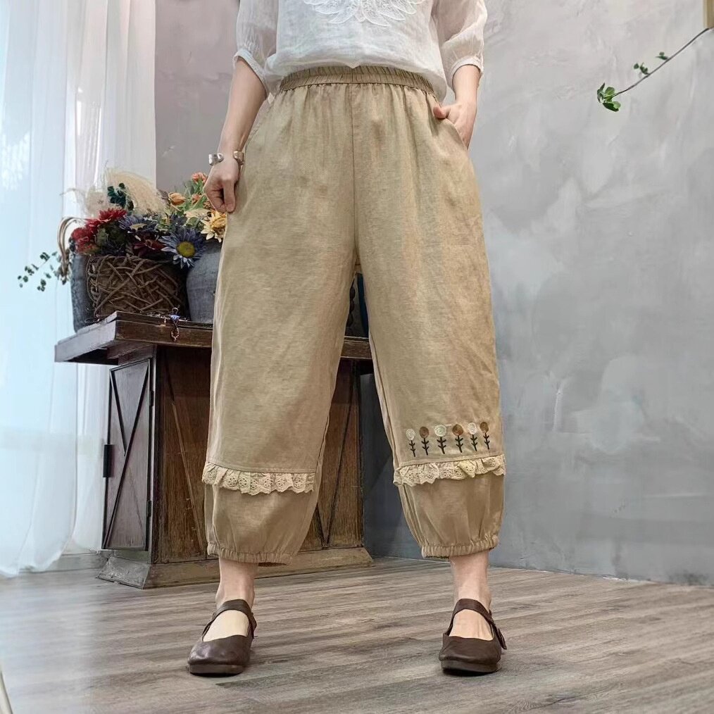 25春夏亚麻裤女文艺复古亚麻刺绣松紧腰哈伦裤新款宽松显瘦七分裤