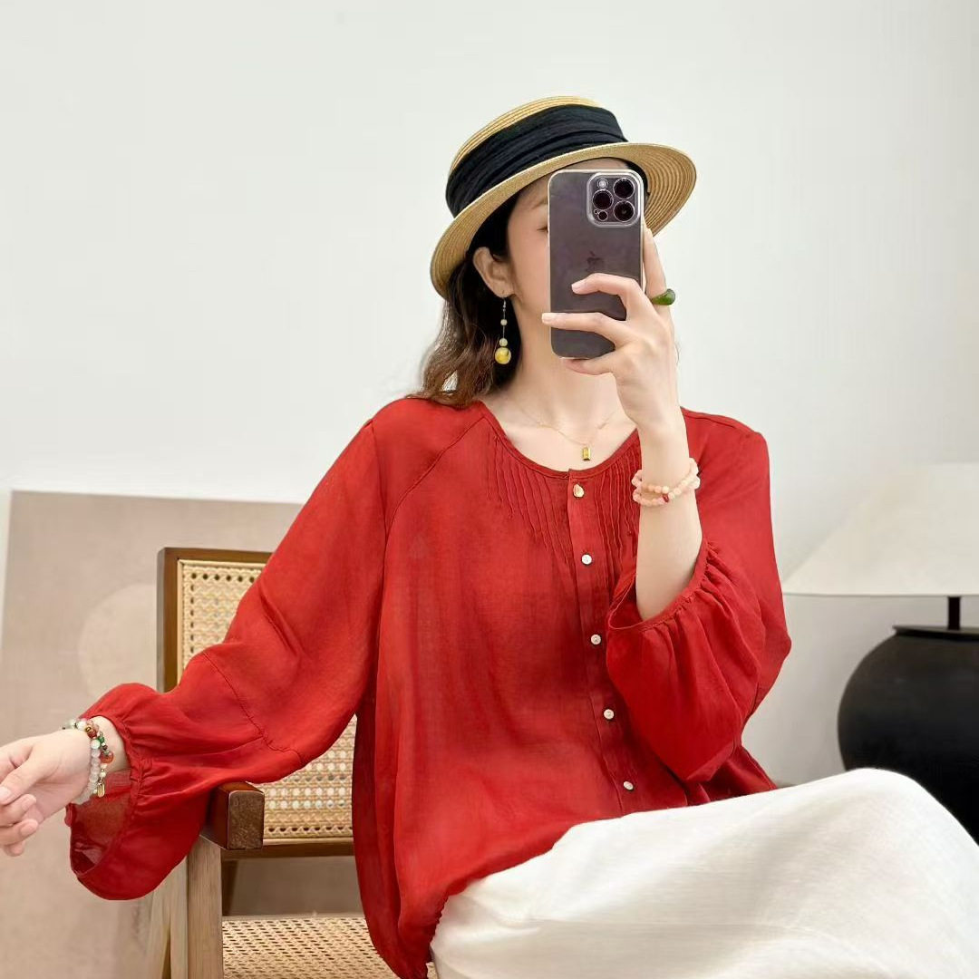 2026年春款衬衫长袖苎麻风琴褶衬衣宽松休闲韩版薄款衬衣上衣新款