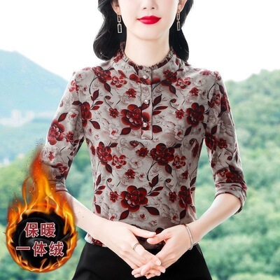 2025新款妈妈冬装加绒加厚一体绒打底衫中老年女装半高领保暖上衣
