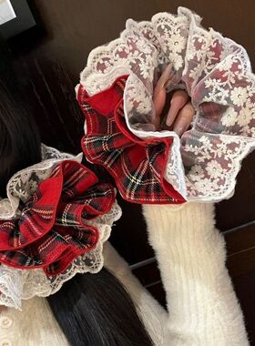 法式新款红格纹大肠圈高级蕾丝设计头绳新年百搭少女红色头饰发绳