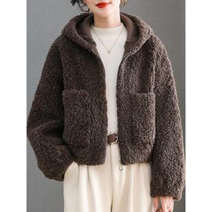 颗粒绒羊羔毛皮草外套女短款连帽拉炼宽松加厚彷毛绒皮毛一体大衣