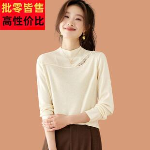 米白色打底衣女内搭修身蕾丝高级感小个子上衣短毛衣2025新款秋冬