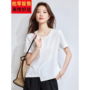 白色t恤女式短款不对称真丝衬衫短袖女式上衣2025夏季单薄款式可