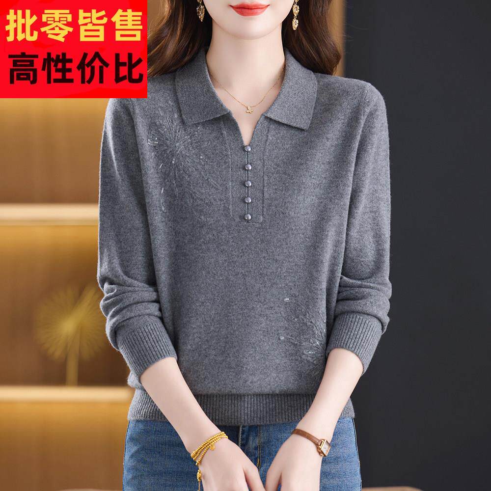 高端洋气妈妈100%纯羊绒衫女翻领毛衣宽松时尚秋冬新款保暖打底衫