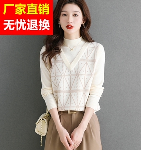 秋冬新款时尚假两件半高领针织毛衣女短款宽松显瘦遮肉羊毛打底衫