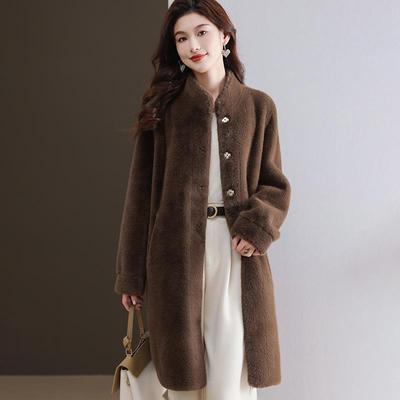 水貂绒皮草大衣外套女开衫中长款宽松大码女装羊毛衫立领口袋加厚