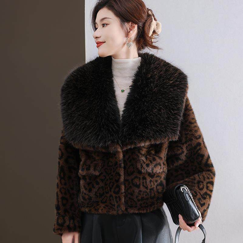 水貂绒皮草大衣外套女开衫短款狐狸毛领羊毛衫宽松大码豹纹卡腰厚