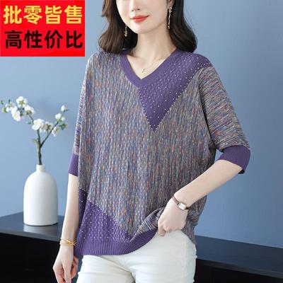 短袖t恤女宽松2025新款夏季高级感烫钻上衣加肥加大码冰丝针织衫