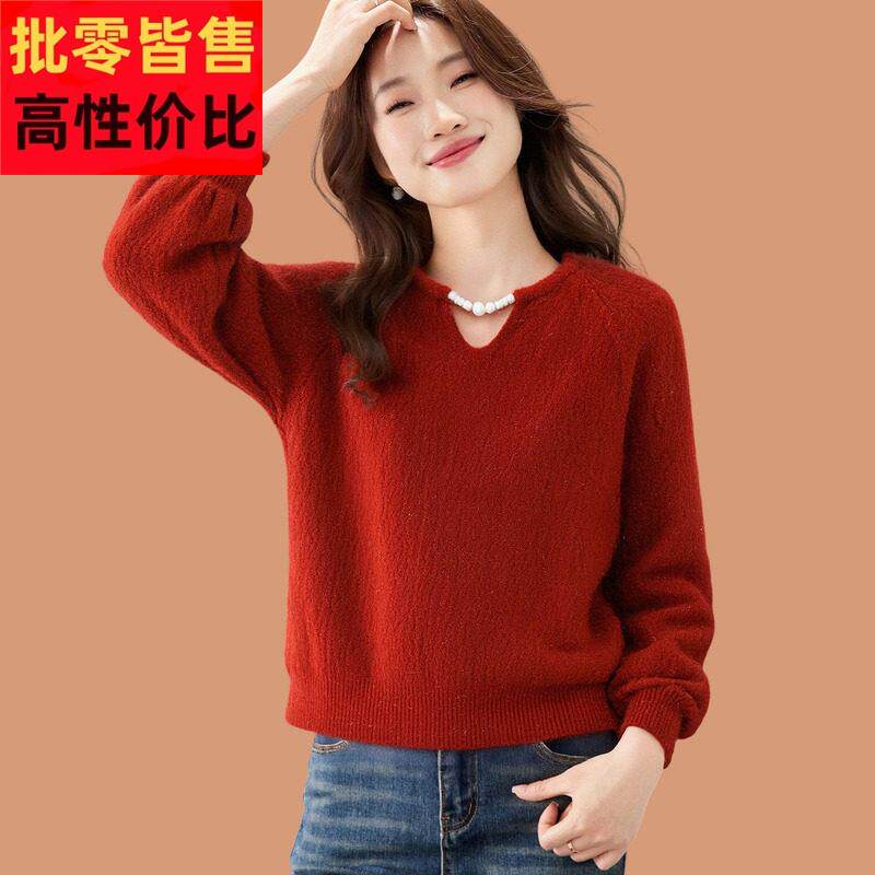 绝美巨好看红色毛衣女款2026新款爆款高级感串珠小个子羊毛打底衫