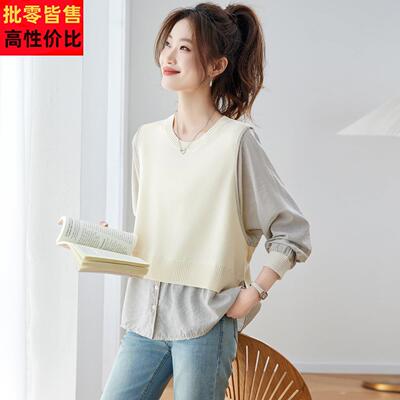 假两件针织拼接衬衫女宽松显瘦长袖休闲上衣2026春季新款洋气衬衣