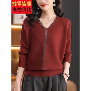 西式 中年妈妈春秋季 t恤女士宽松大码 长袖 热菱形设计薄上 V领针织衫