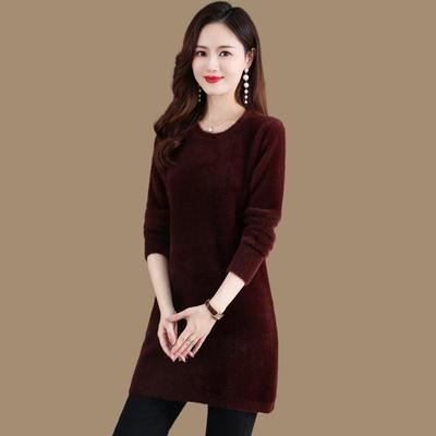 胖mm水貂绒针织打底衫女秋冬加厚保暖遮肚子中长款大码低圆领毛衣